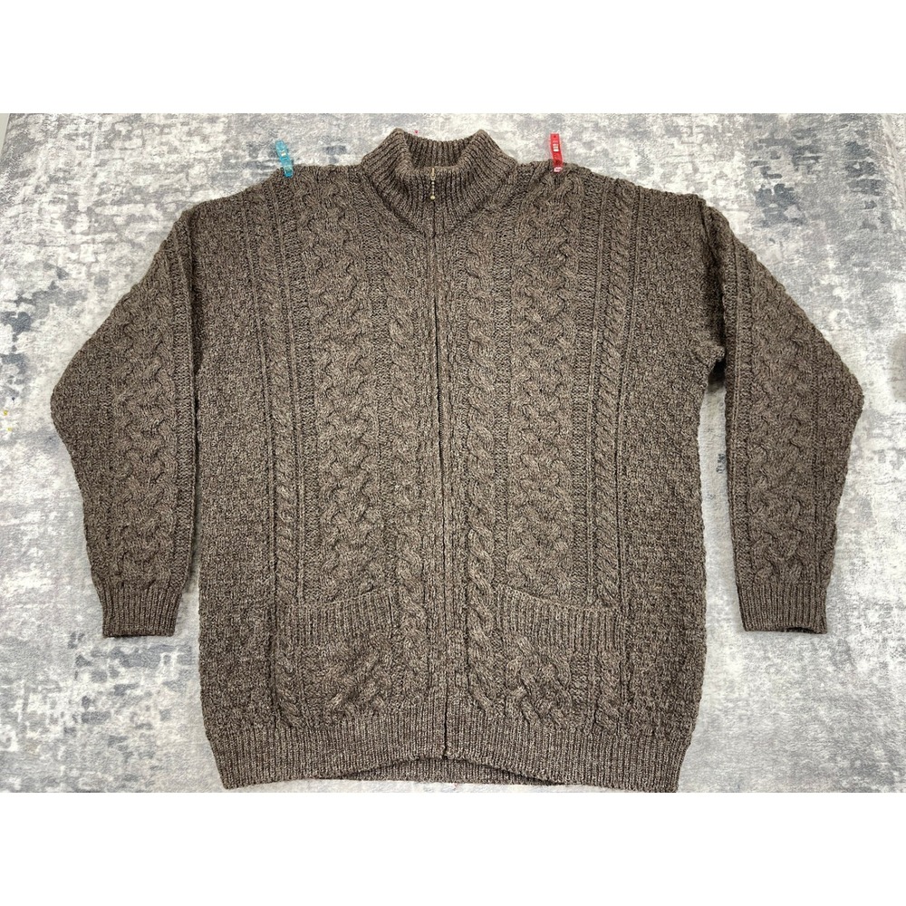 Carraig Donn Men's XL Cable Knit Cardigan Brown‎ Pure Wool Ireland Grandpacore